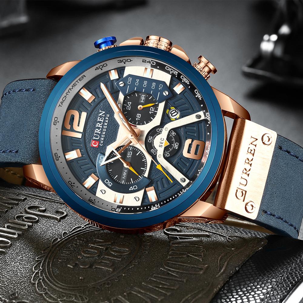 CURREN Top Brand Casual Sport Watches for Men Blue Luxury Military Genuine Leather Strap Wrist Watch Man Clock Fashion Chronograph Wristwatch