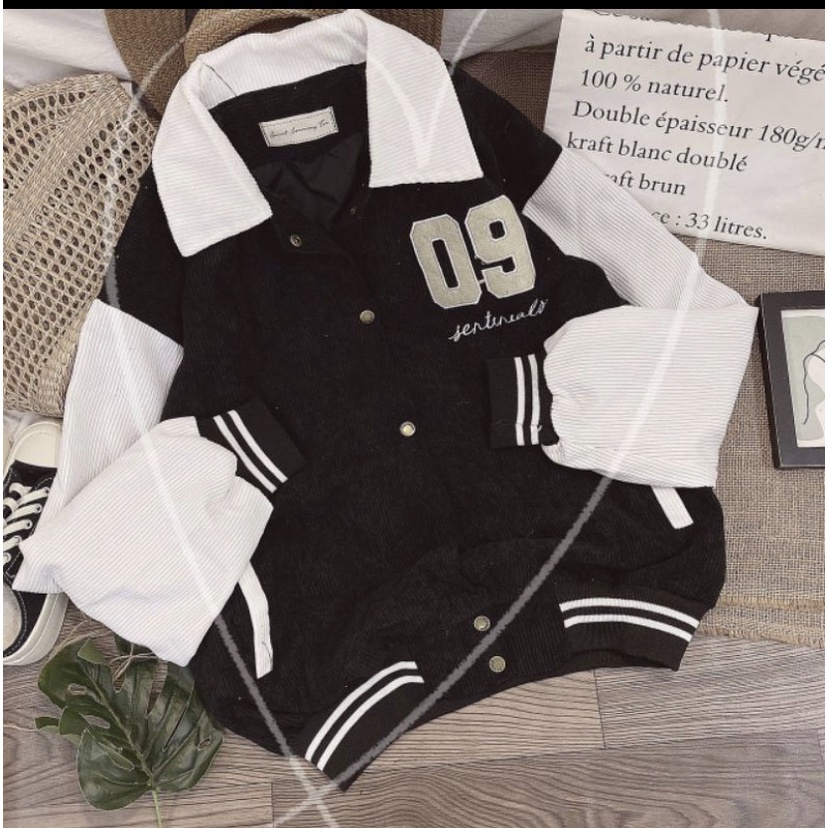 Áo Khoác Nhung Nữ Cổ Bẻ 2 Lớp Lót Dù Logo Thêu Số 09 Kiểu BOMBER Độc Lạ Hot Trend Mới