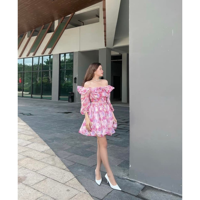 [HÀNG THIẾT KẾ CAO CẤP] Đầm Hoa Xòe Trễ Vai Chất Voan Tơ Đi Biển / Du Lịch / ĐI Tiệc Dễ Thương Form Ngắn Màu Hồng