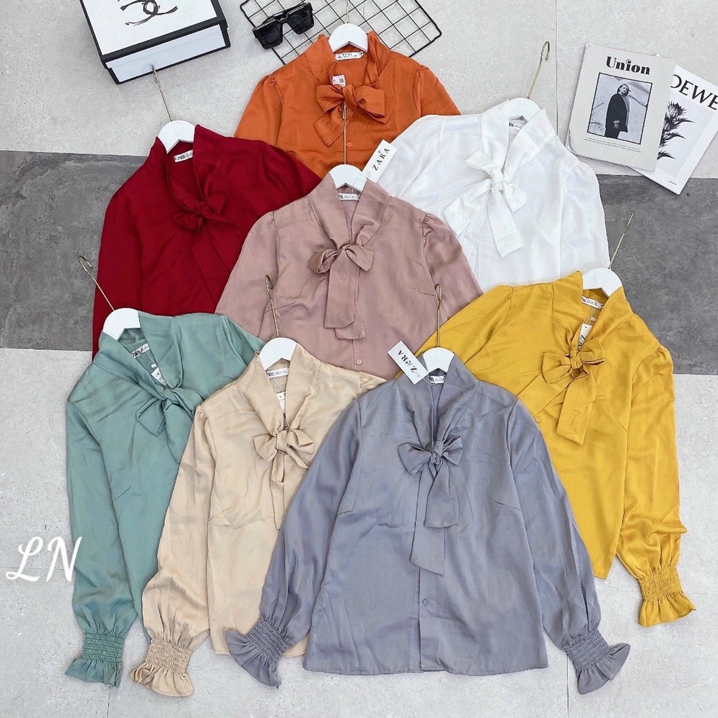 Áo sơ mi lụa công sở cổ nơ tay chun nhiều màu