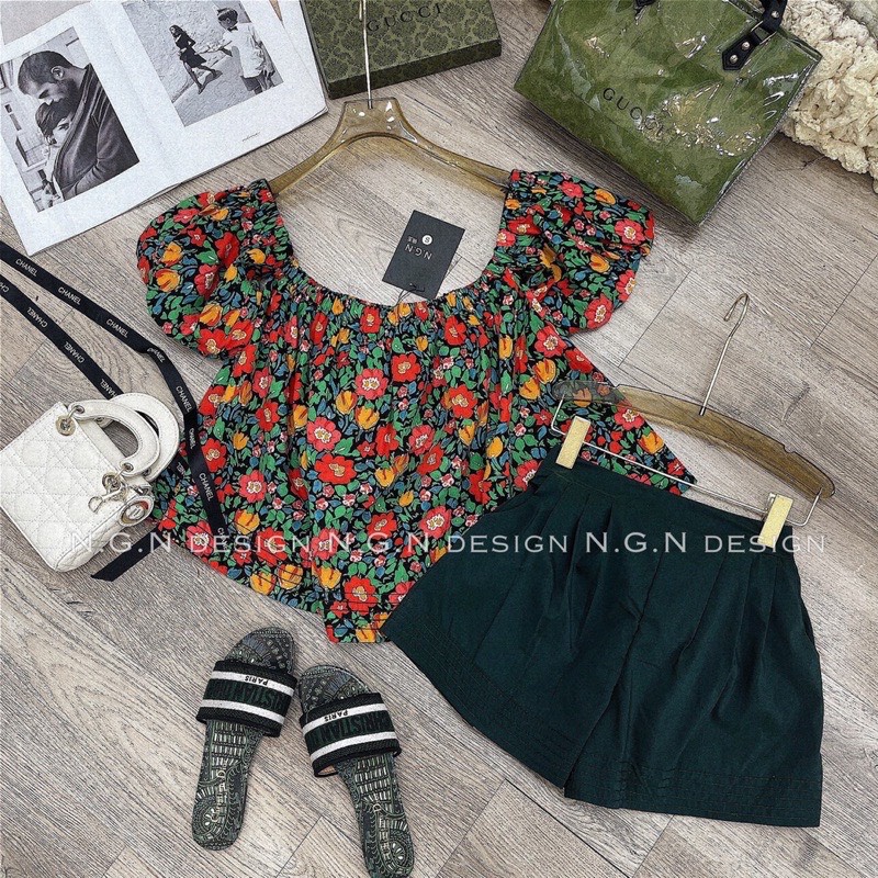 Áo trễ vai hoa nhí tay bồng chun cách điệu tiểu thư freesize chất thô hàn mát siêu xinh Ulzzang