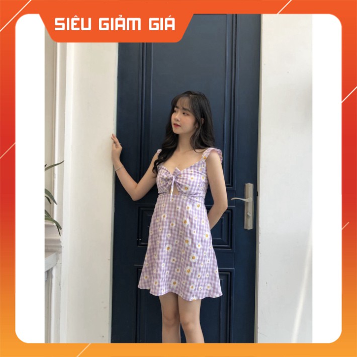 VÁY CARO HOA CÚC TÍM BUỘC NƠ NGỰC CHUN SAU - ĐẦM 2 DÂY BÈO KẺ SỌC DAISY CHỮ A ULAZZANG MẶC 2 KIỂU [ Cực ch