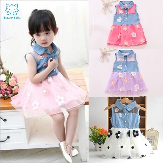 Đầm công chúa phối denim không tay in hoa dễ thương cho bé gái