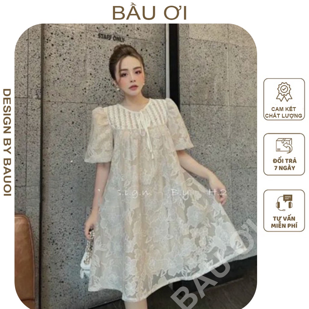 [BÂUOII V119] ĐẦM BẦU GẤM HOA NỔI PHỐI REN 2 LỚP CỔ THẮT NƠ TAY BỒNG MẶC ĐI LÀM ĐI DỰ TIỆC - VÁY BẦU CÔNG SỞ DÁNG BABYDO