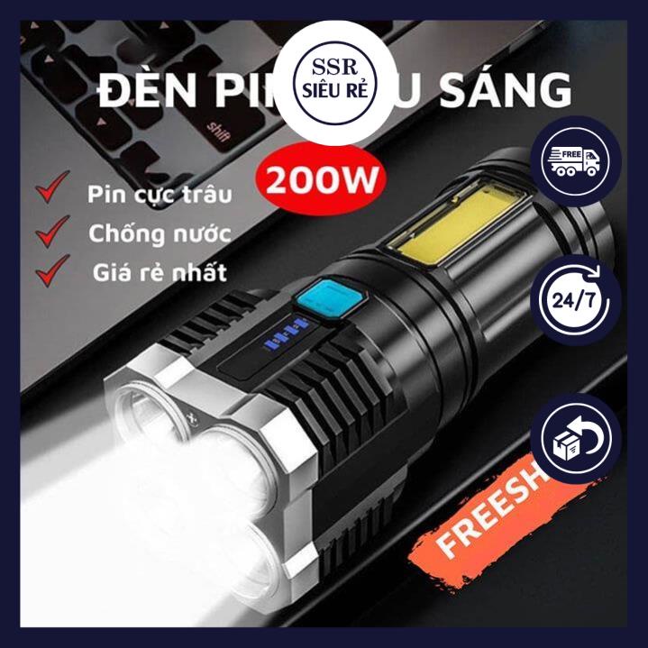 Đèn Pin SSR L19 4 Led Siêu Sáng Chiếu Xa 200M 4 Chế Độ Sáng, Chống Thấm Nước, Có COB Led hông (PD5574)