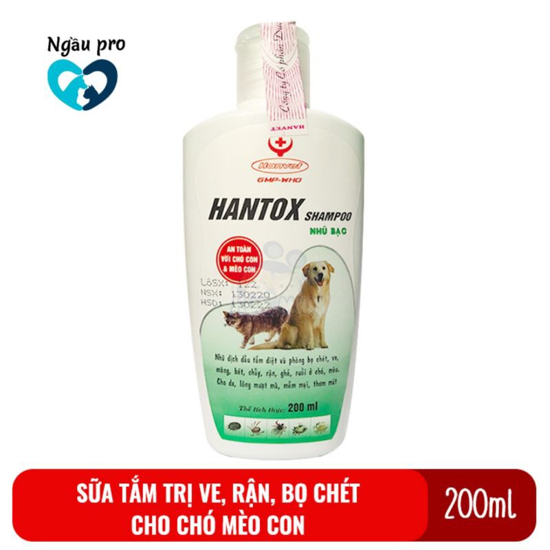 Sữa Tắm Trị Ve Rận Bọ Chét Chó Mèo, Dầu tắm Bảo vệ da lông thú cưng HANTOX Shampoo Hồng Nhũ Bạc 200ml