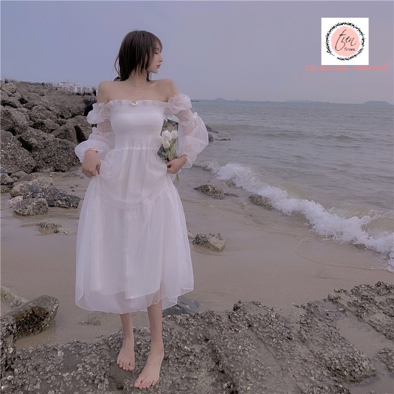 Váy dự tiệc trễ vai💃order💃đầm cô dâu màu trắng,trễ ngực bó eo dáng xòe xinh xắn