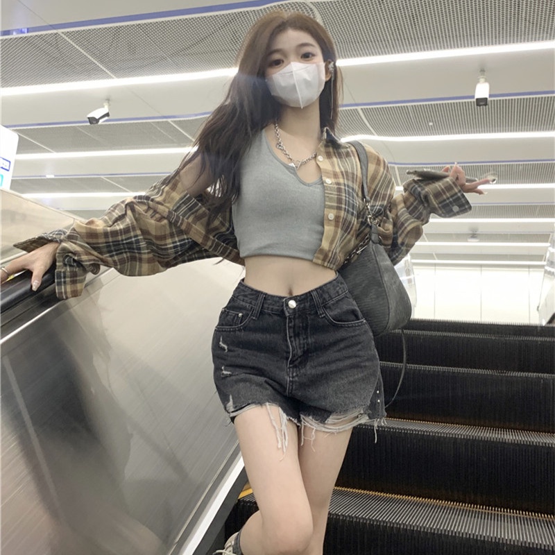 Áo Sơ Mi Nữ Ca Rô Dài Tay Cổ Bẻ Thời Trang Hàn