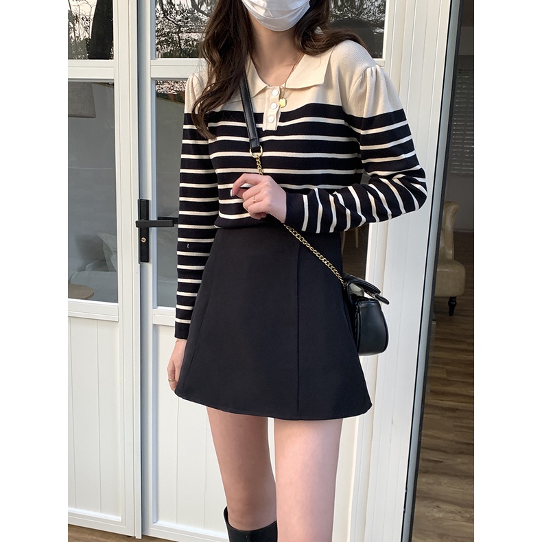 Áo thun len POLO nữ Dài tay Áo len sọc ngang nữ Form rộng Ulzzang Hàn Quốc Tay dài Thời trang