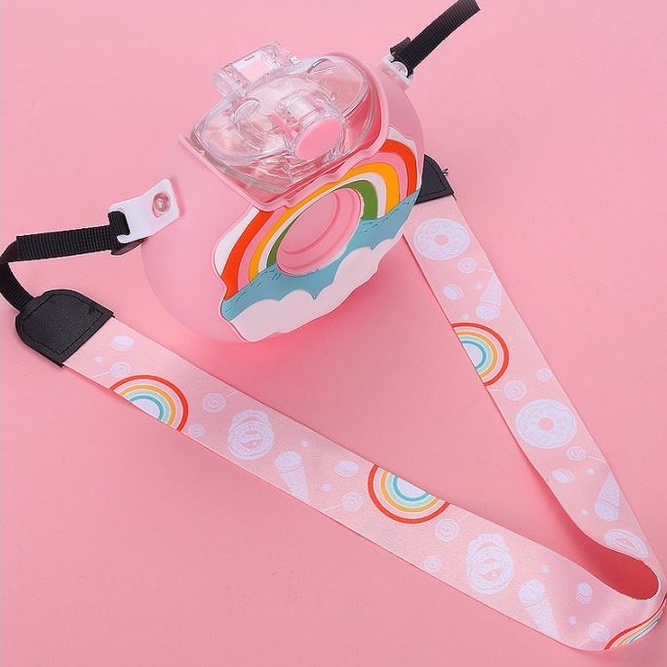 Bình Nước Thể Thao 380ML Hình Bánh Donut Kitty Chống Rò Rỉ Có Ống Hút Và Dây Đeo Vai