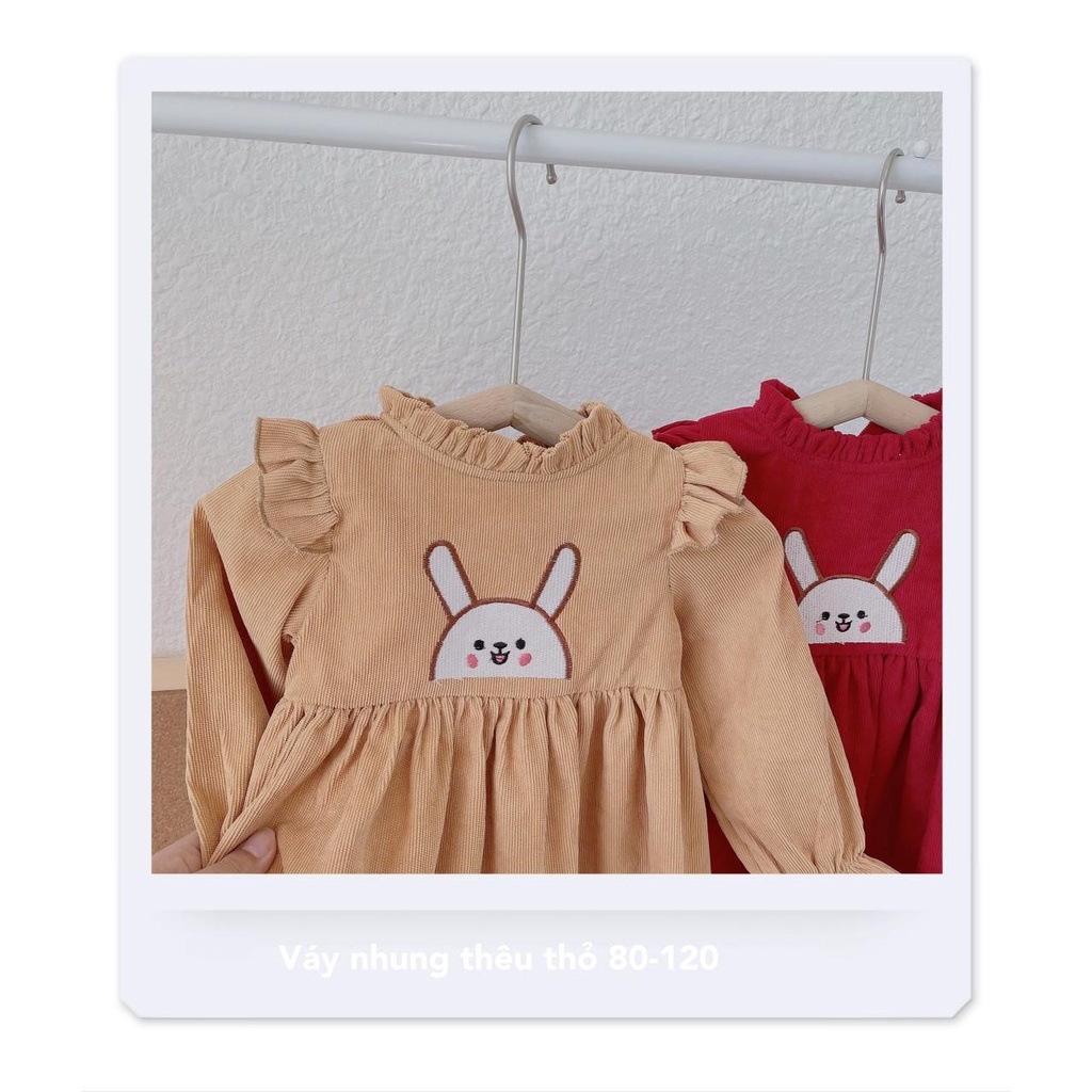 [10-21kg] Váy nhung gân dài tay thu đông cho bé 2 màu thêu thỏ đáng yêu