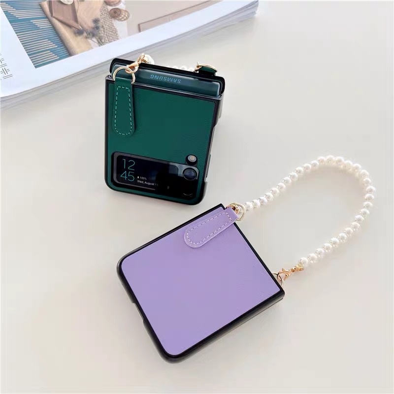 Bao Da Điện Thoại PU Dạng Gập Chống Sốc Có Dây Xích Cho Samsung Galaxy Z Flip 3 Flip1/2