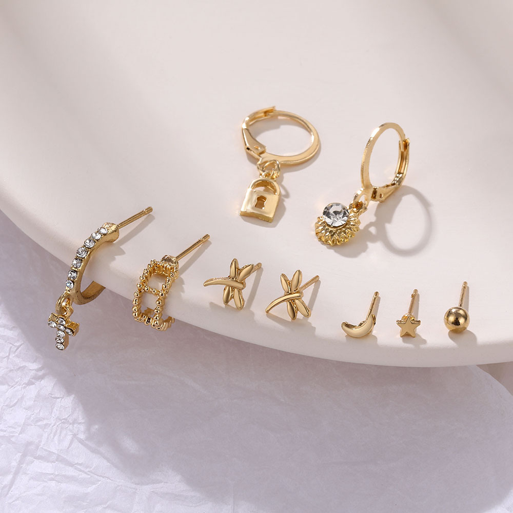 [Mã FAMAYFA giảm 10K đơn 50K] 9pcs/set Korean Version of Ins New Fashion Retro Set Cross Earrings Women
