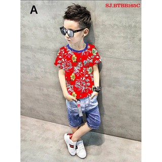 Bộ áo thun in hoa văn quần jean cào rách cực ngầu hot boy hot girl