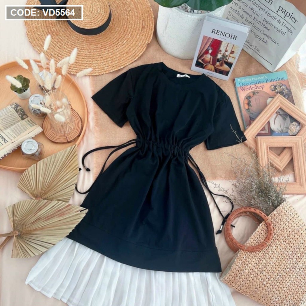 Đầm nữ/ váy nữ/ váy đầm midi đen rút dây eo tay ngắn phối chân váy xòe trắng xếp li