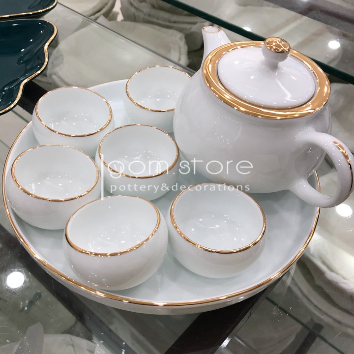 Bộ ấm chén Bát Tràng men xanh cổ vịt vẽ chỉ vàng kim