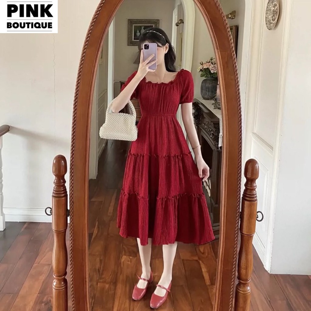 Váy Maxi Trễ Vai Bèo Tầng Xòe Dài Qua Gối Vintage Đi Biển Dự Tiệc  Big Size Đũi Thiết Kế PINKBOTIQUE