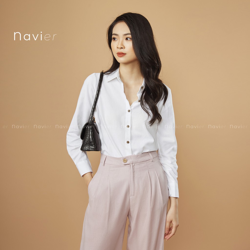 ÁO SƠ MI NỮ DÀI TAY CÔNG SỞ CỔ ĐỨC BASIC VẢI ĐŨI NHIỀU MÀU - LINEN SHIRT SM01 NAVIER | BigBuy360 - bigbuy360.vn