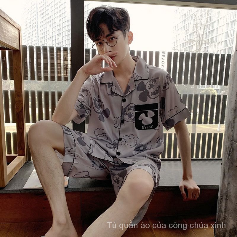 Bộ đồ ngủ ngắn tay bằng vải lụa lạnh mỏng in họa tiết hoạt hình thời trang mùa hè cho nam X80W