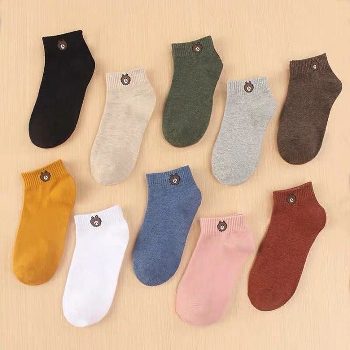Combo 10 đôi tất lười ngắn hình gấu cổ ngắn họa tiết Brown tặng kèm túi đựng nhiều màu vintage hàn quốc - DTM Store