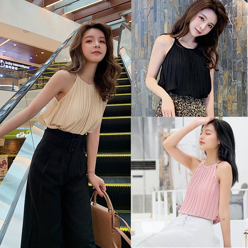 Women Chic Fashion Halter Sling Tops Wrinkle Tank Tops Cami