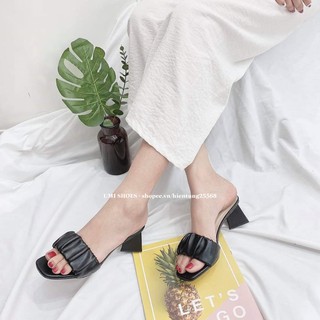 [3 MÀU] Guốc lê gót trụ quai nhúng dúm bèo cao 5cm quai mũi vuông nữ basic đơn giản thời trang màu đen/kem/trắng mới