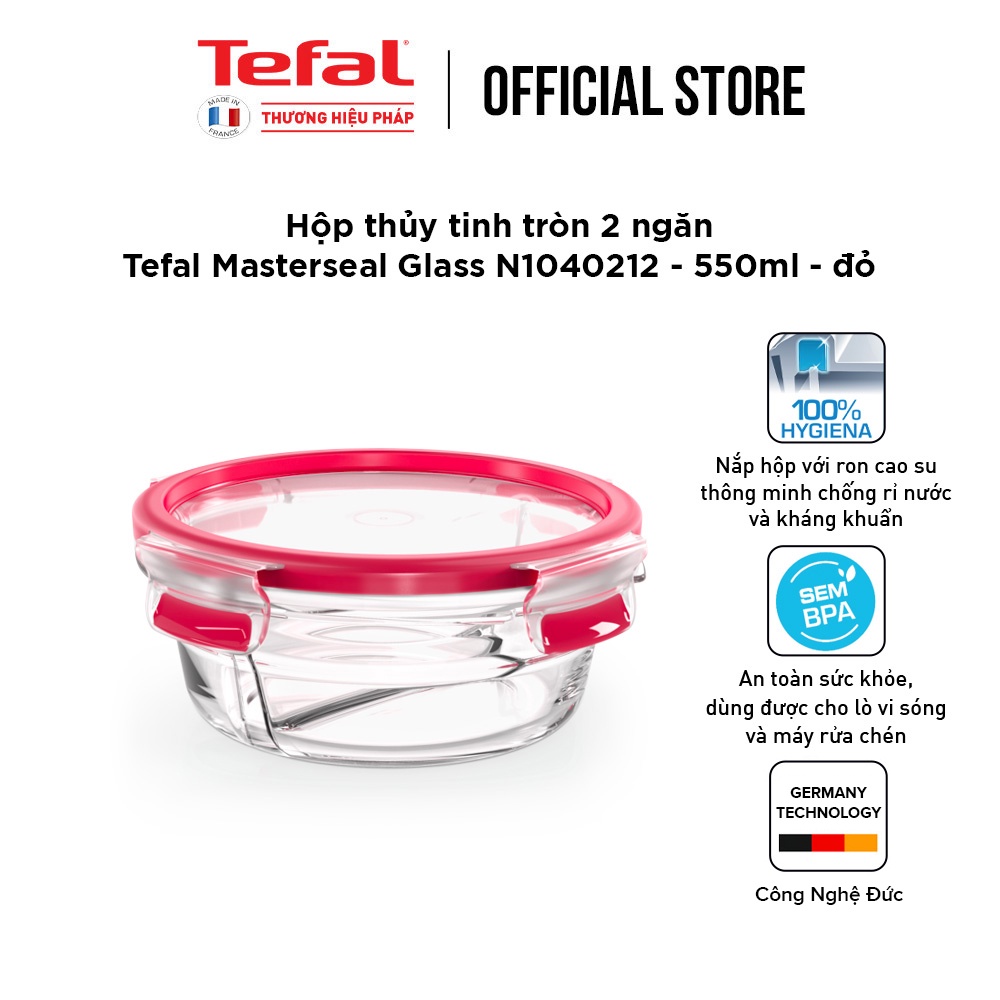 [LIFEMC11BPC -8% đơn 350K] Hộp thủy tinh tròn 2 ngăn Tefal Masterseal N1040212 - 550ml - đỏ