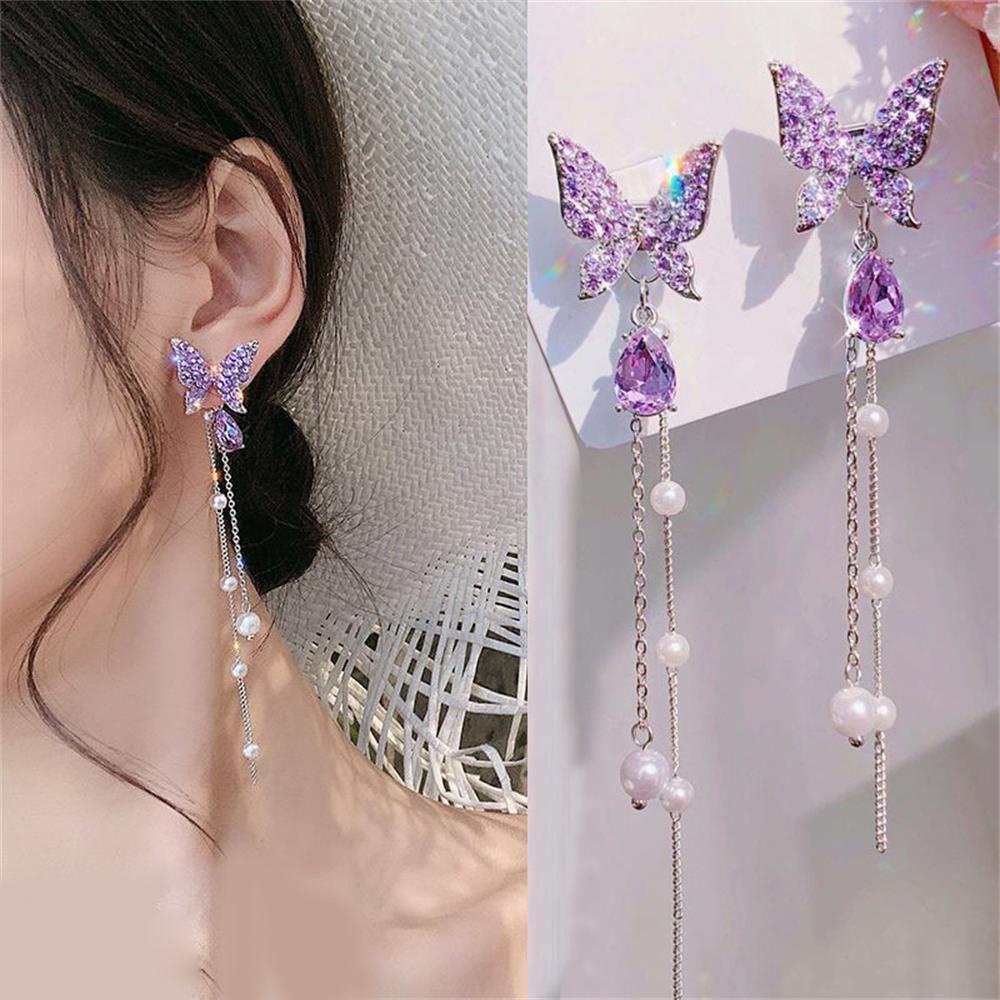 Bông Tai Hình Bướm Màu Tím Xinh Xắn Thời Trang|Dây Chuyền Dài Mặt Bướm Đính Đá Thời Trang Cho Nữ