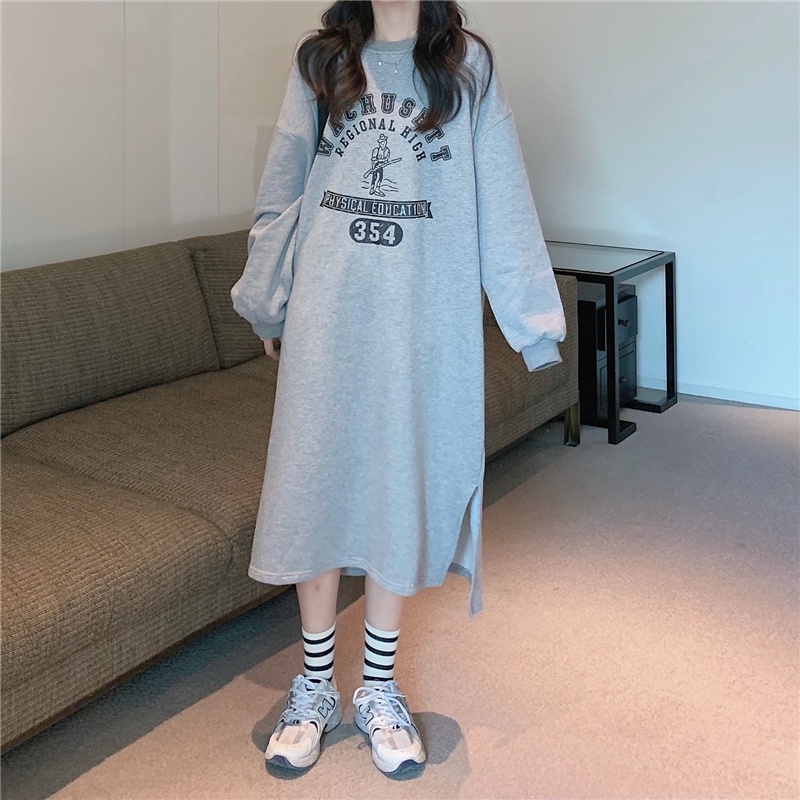 SUXI Đầm Midi Cổ Tròn Tay Dài Dáng Rộng In Chữ Thời Trang Xuân Thu Xinh Xắn Cho Nữ