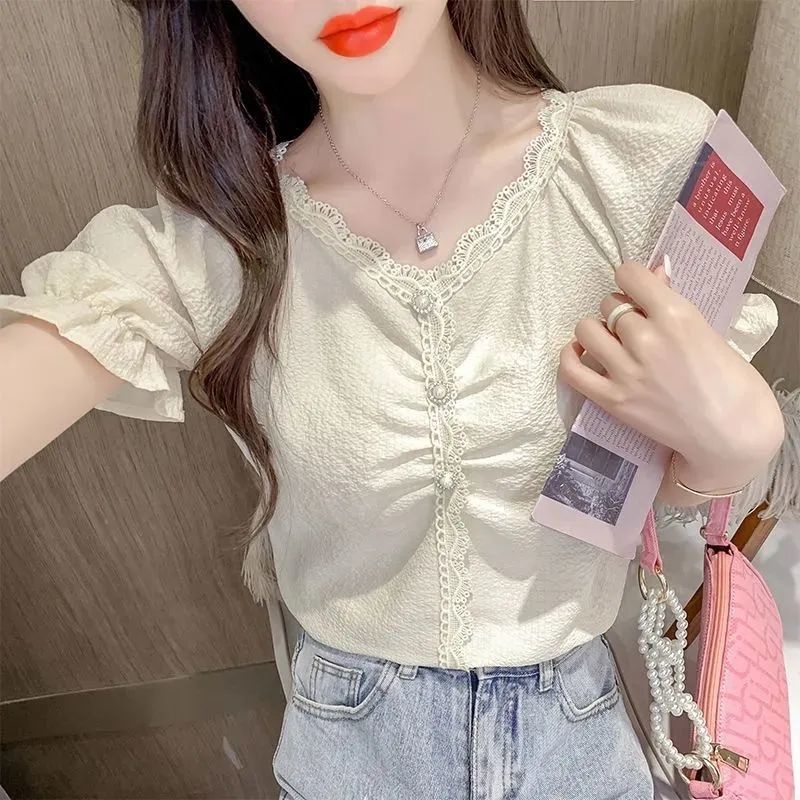 Áo Sơ Mi chiffon Tay Ngắn Cổ v Thời Trang Mùa Hè Cho Nữ