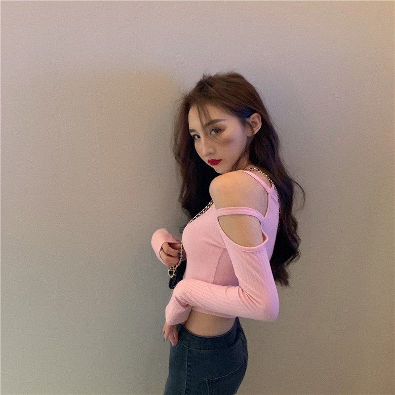 Áo thun IELGY tay dài hở vai phong cách retro tùy chọn màu sắc dành cho nữ