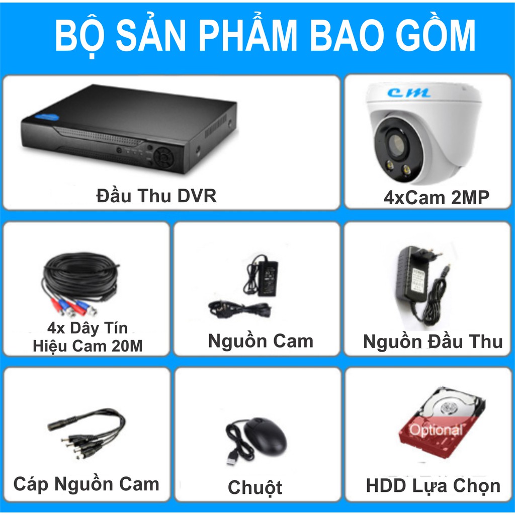 Trọn Bộ 4 Camera DVR Giám Sát Trong Nhà 2MP Dây 20 Mét- App điều khiển từ xa (Không HDD)