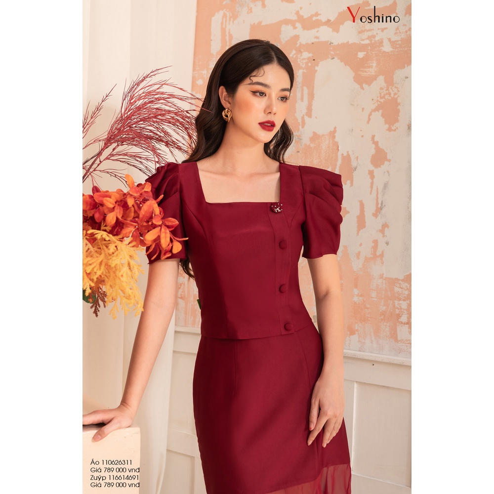 Set Áo Sơ Mi Kèm Chân Váy YOSHINO Croptop Cổ Vuông Đính Hàng Cúc Bọc Tay Xếp Bồng Đi Bộ Zuyp Đuôi Cá 110626311