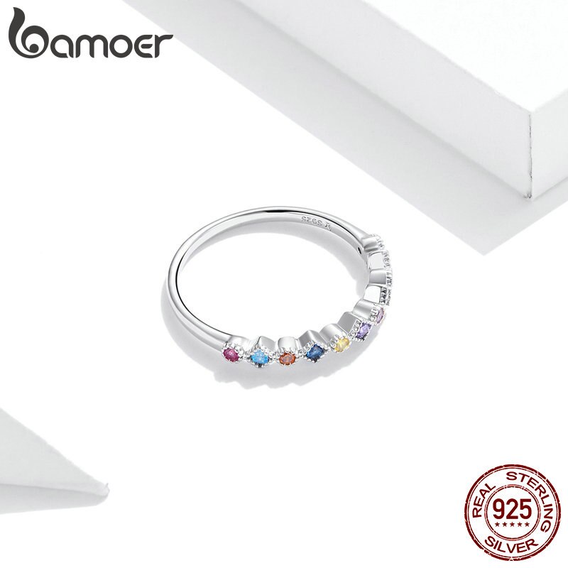 Nhẫn Bamoer SCR697 bằng bạc 925 đính đá CZ nhân tạo màu cầu vồng phong cách Hàn Quốc cho nữ
