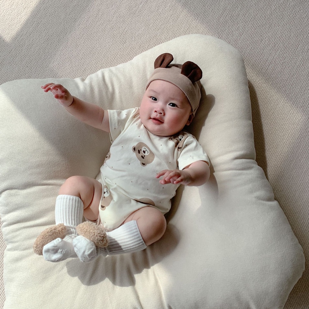 Bộ Áo Liền Quần Ngắn Tay In Hình Gấu Hoạt Hình Thời Trang Cho Trẻ Sơ Sinh Mới Biết Đi