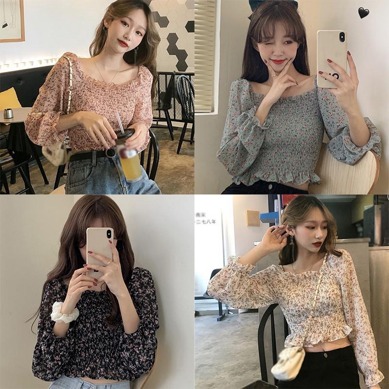 Áo voan xếp ly cổ vuông họa tiết hoa nhỏ xinh xắn cho bạn gái | BigBuy360 - bigbuy360.vn