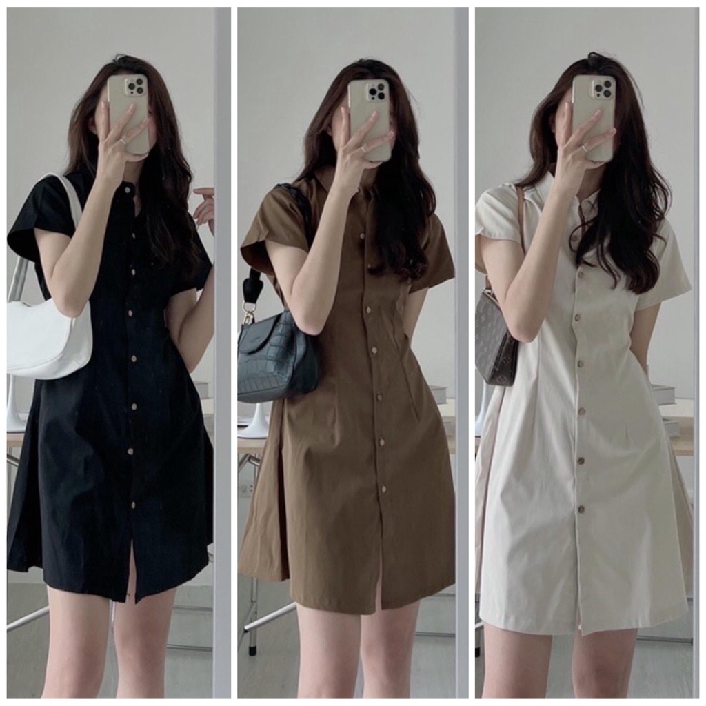 Đầm thiết kế dáng A cài khuy trước chiết eo lưng chun thời trang Phương Thúy