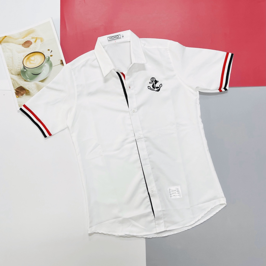 Áo Sơ Mi Nam Tay Ngắn Logo Thêu Mỏ Neo Phối Sọc Đỏ Đen Thiết Kế Tinh Tế Sang Trọng [NEW UNISEX]