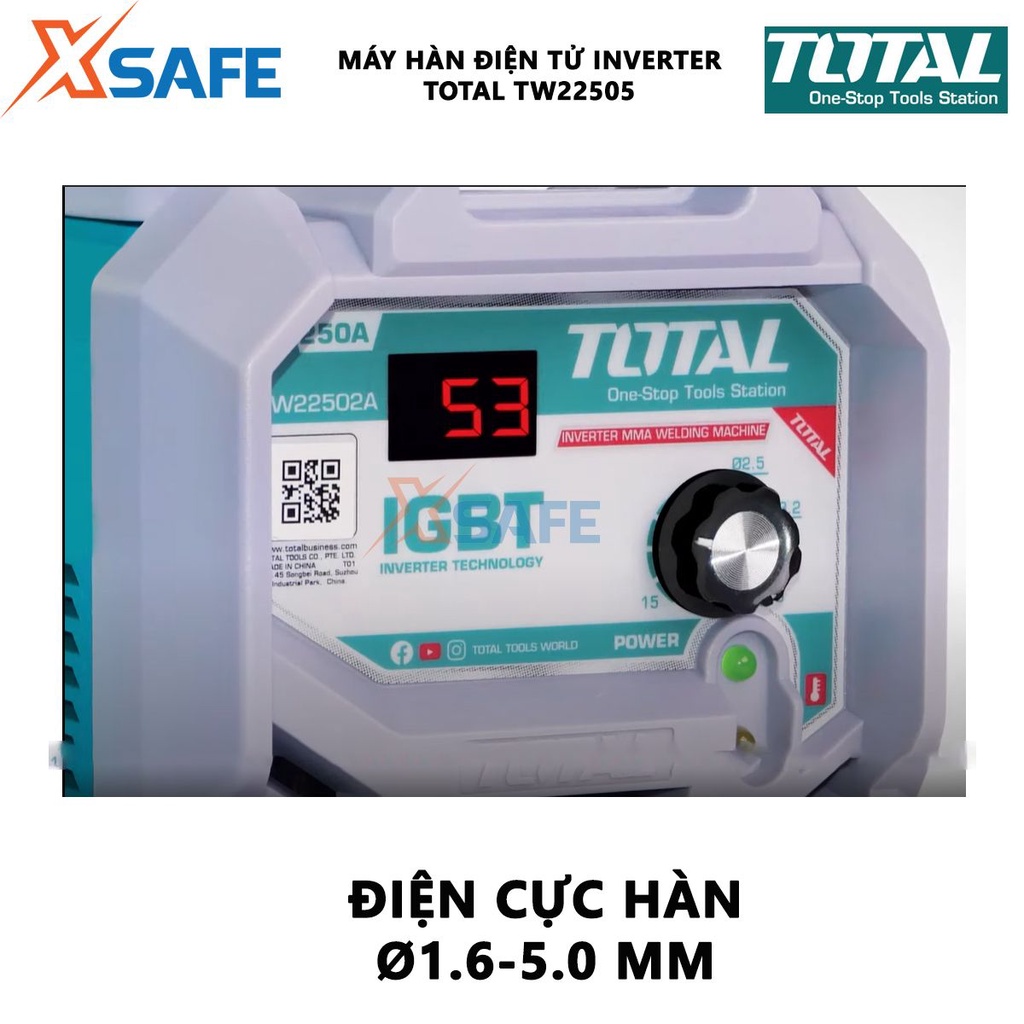 Máy hàn điện tử TOTAL TW22505 Máy hàn điện tử Inverter MMA Nguồn vào 13 kVA Dòng điện 20-250A Điện cực hàn Ø1.6-5.0mm