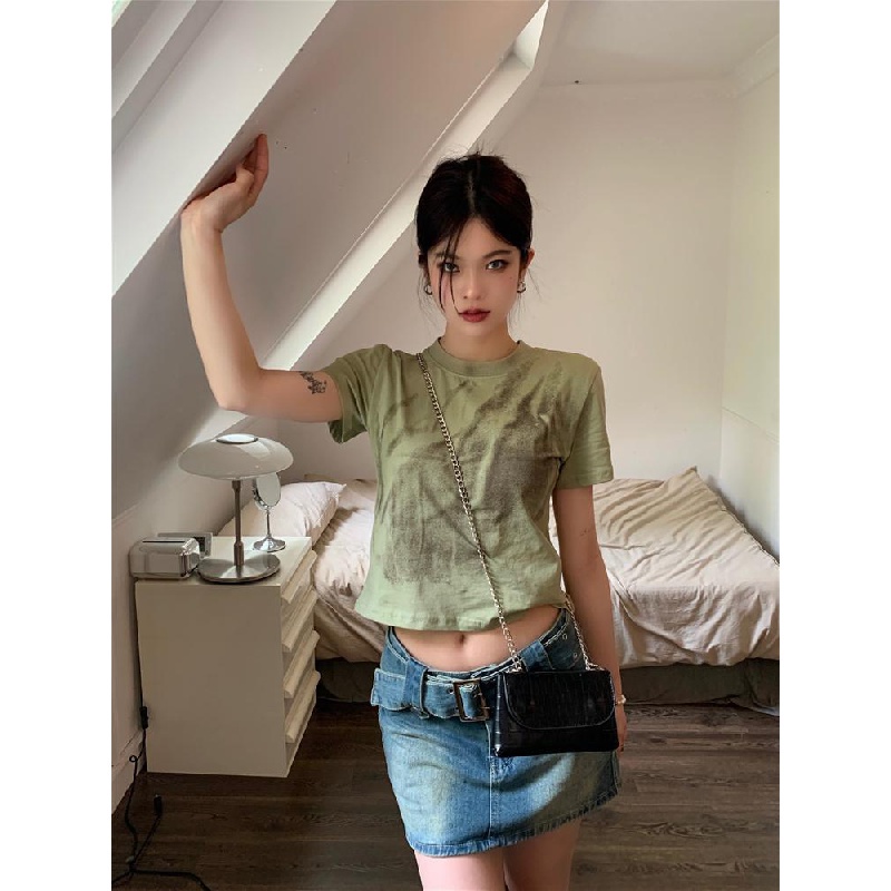 ANTUSON Áo Thun Tay Ngắn Cổ Tròn Thiết Kế Mỏng Phối Màu Nhuộm Độc Đáo Phong Cách Retro Mỹ Thời Trang Mùa Hè Mới Cho Nữ