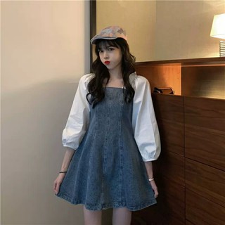 [Sẵn] Váy Đầm Bò Jeans Denim Dáng Xòe Ngắn Váy Jean Bánh Bèo Váy Trễ Vai Tay Dài Nữ Kiểu Hàn Quốc Váy Đi Chơi VB002