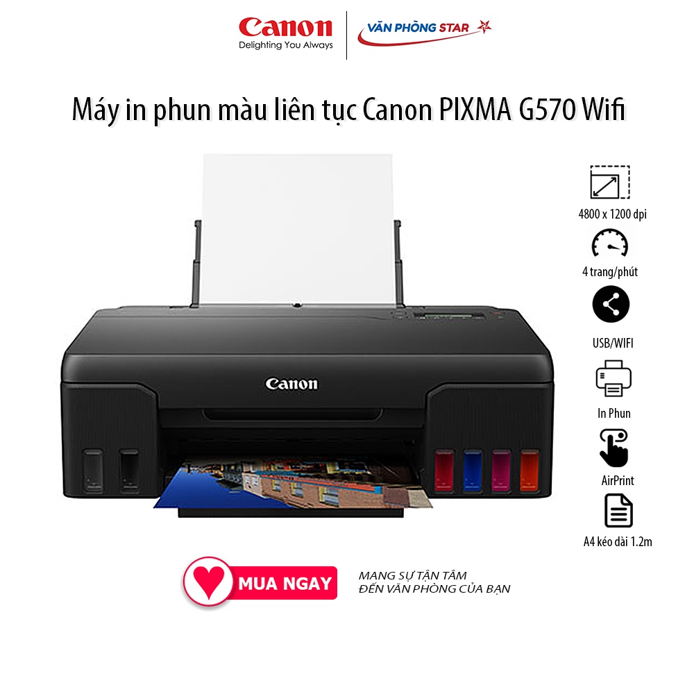 [Free ship] Máy in phun màu liên tục Canon PIXMA G570 Wifi độ phân giải 4800 x 1200 tốc độ 4 trang/phút Vanphongstar