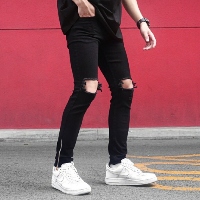 Quần bò Nam đen rách gối to, jean nam đen skinny khoá zip NGOÀI chất bò cao cấp co dãn 4 chiều MẪU MỚI