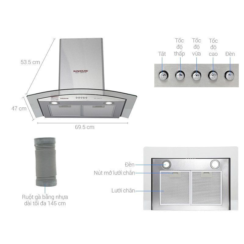 Máy hút mùi kính cong Sunhouse SHB6629-70C