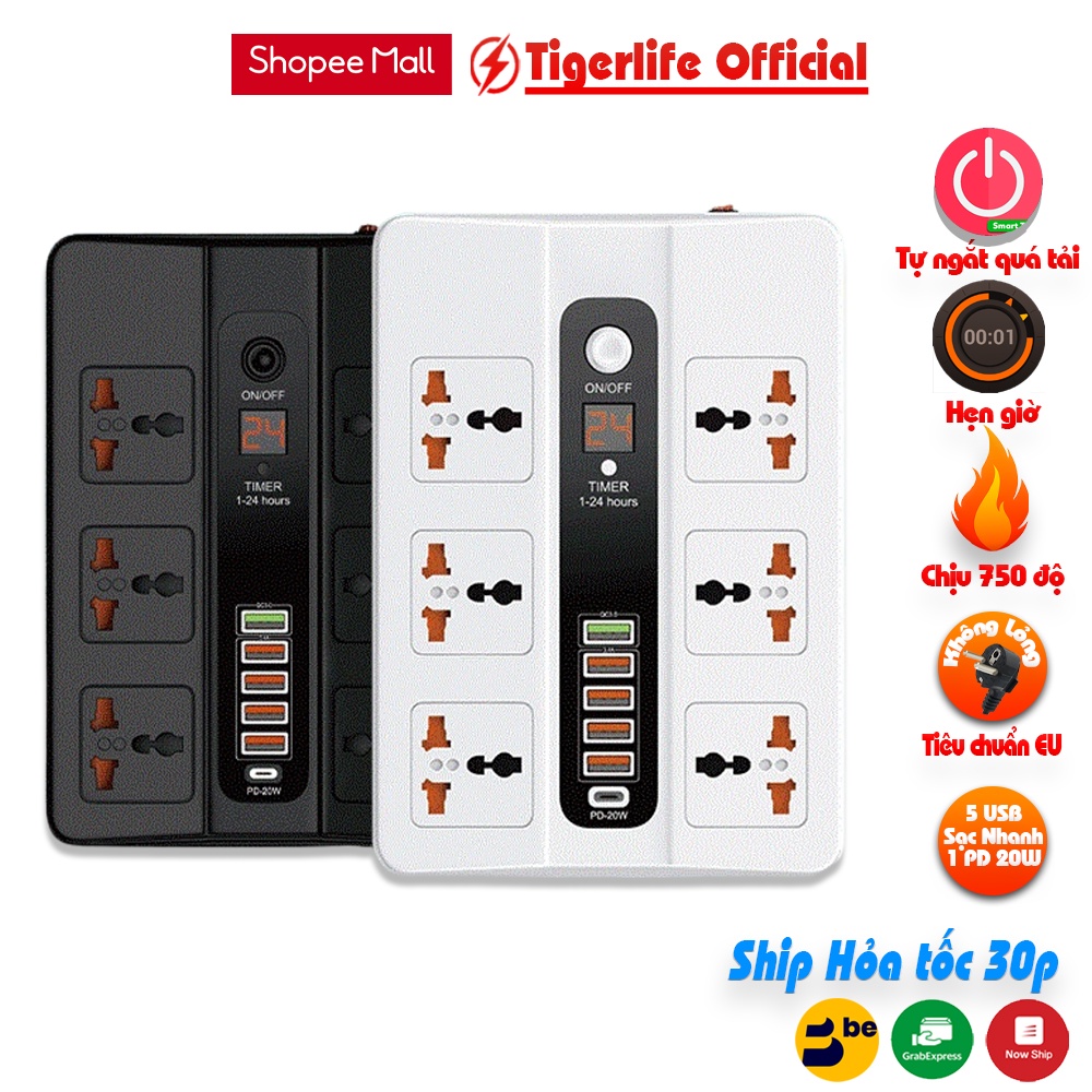 Ổ cắm điện đa năng Tigerlife PKL11 6 Có hẹn giờ Ổ cắm 5 Cổng usb sạc nhanh 1 Cổng sạc PD 20w Chịu tải 3000W