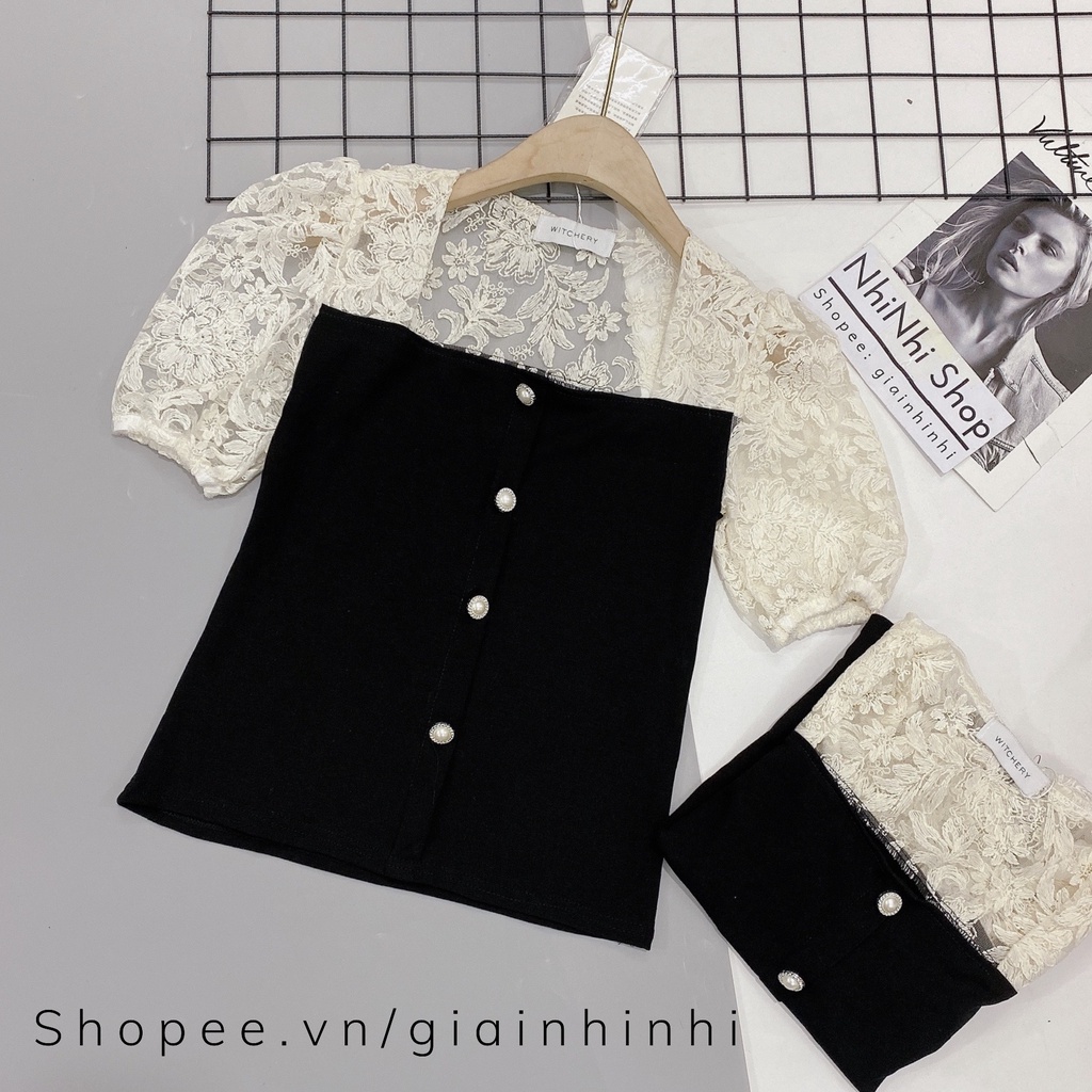 Áo kiểu cổ vuông tay ren chất thun zip vai bồng cúc giữa AK6507 - NhiNhi Shop