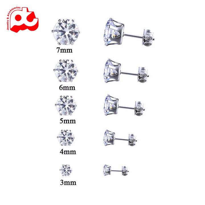 Bông tai inox nam cao cấp đẹp 1 cặp đá tròn trắng  bấm lỗ tai trangsucpt kích cỡ 3mm 4mm 5mm 6mm 7mm PTBTNA22