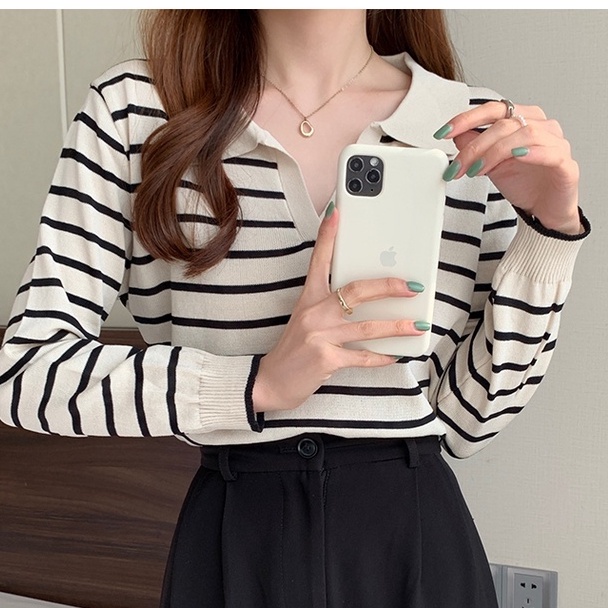 Áo sweater ZHELIHANGFEI cổ polo tay dài kẻ sọc dễ phối đồ hợp thời trang