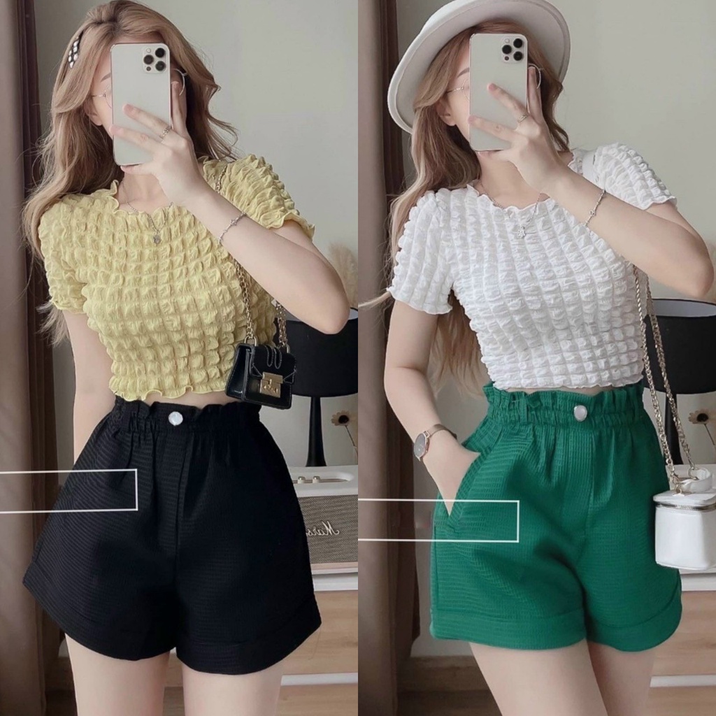 Quần short nữ ống rộng lưng cao cạp thun chun có túi chất vải xốp Ong BIGSIZE Quần đùi nữ mặc nhà màu đen trắng thể thao | BigBuy360 - bigbuy360.vn