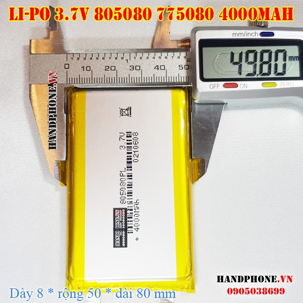 Pin Li-Po 3.7V 805080 775080 4000mAh (Lithium Polyme) cho Loa Bluetooth, Định vị GPS, Camera, Pin Dự Phòng, thiết bị đo